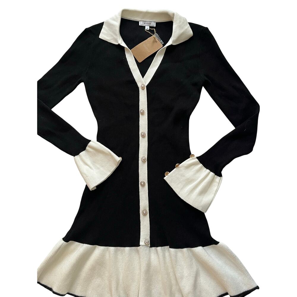 Rihoas dress black white stretchy small ribbed knit pearl buttons NWT